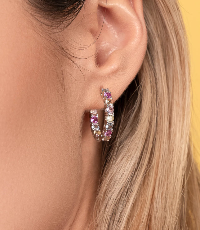 Xclusive Jewelry Earrings Hoop Earring Rainbow Pave Silver Hoop Earrings close 1